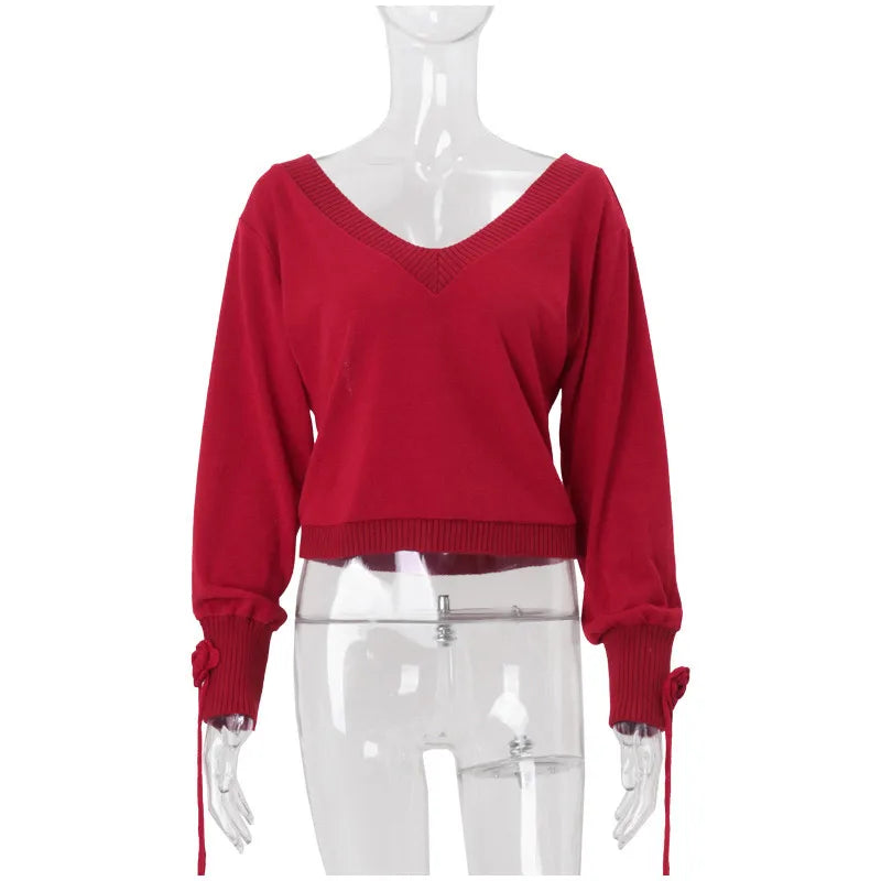 Crochet Flower Tassel Knitted Women's Pullover V-neck Long Sleeve Solid Color Sweater Fashion Casual Loose Retro Women Sweaters