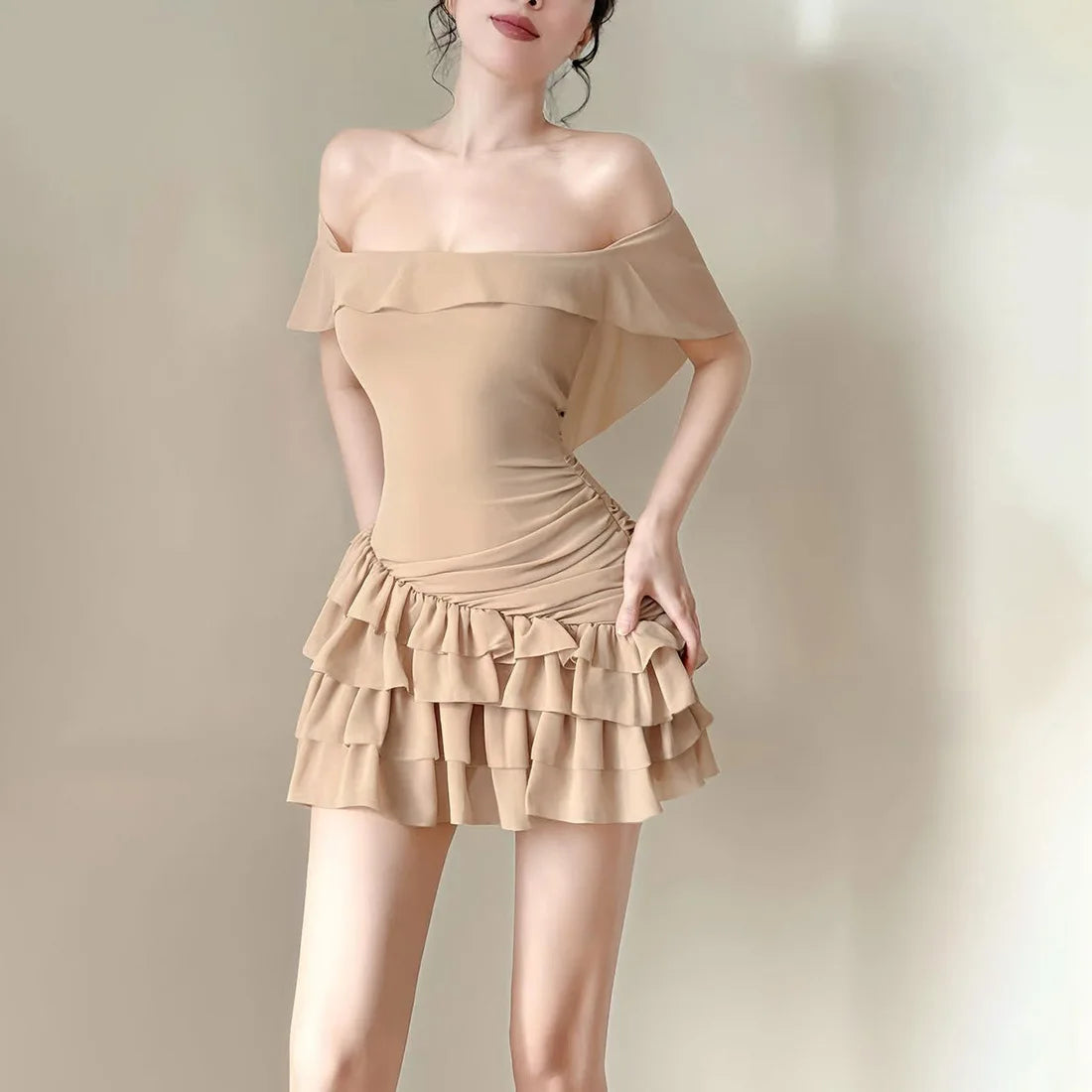 Summer New Women's Clothing One-word Collar Off-the-shoulder Ruffle Leaf Edge Hip-wrapped Cake Dress