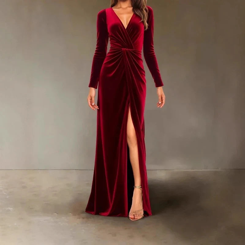 Velvet Dress for Women Autumn Winter New V-neck Slim Twist High Waist Evening Dress Sexy Solid Color Pleated A-line Dresses