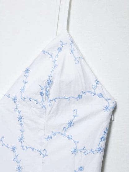 Summer Elegant Embroidery Sling Mini Dress For Women Holiday Sleeveless Backless V-Neck Pocket Side Zipper Causal Dresses