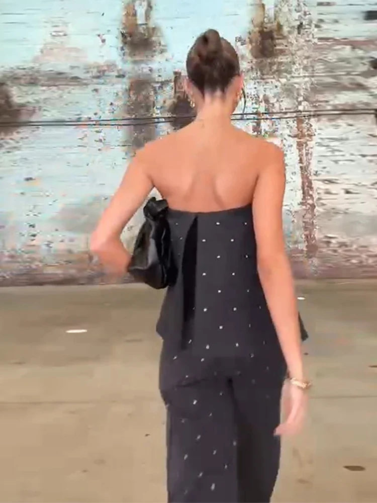 Nail Polka Dot Strapless Top Pants Women Set Off Shoulder Baggy Slimming Commute Blouse Vest Straight Leg Trousers Formal Attire