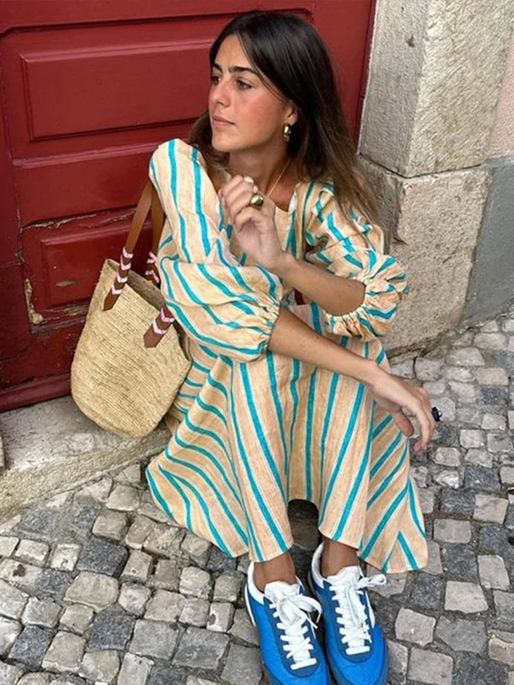 Casual Stripes Long Dresses Women Loose Backless Lace Up Long Lantern Sleeve Dress Female Summer Fashion Streetwear Lady