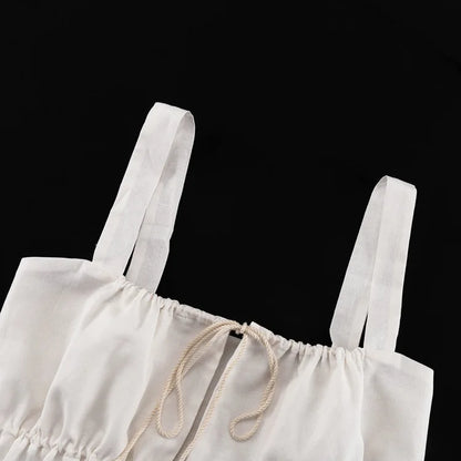 White Ruffle Shorts Sets Square Collar Sleeveless Drawstring Tank Tops+Shorts Summer Casual Simple Suits For Women 2 Piece Set