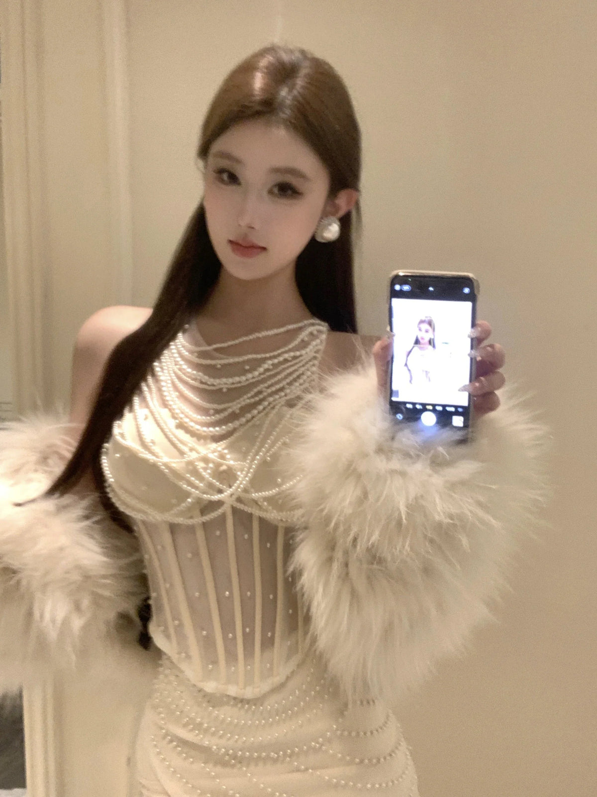 Women's Elegant Pearls O Neck Corset Tank Top Lady High Street Sexy See Throught Slim Tank Top