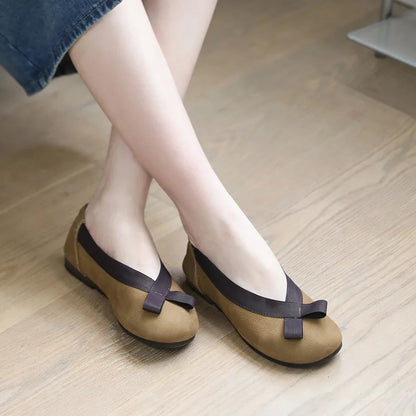 Pea Shoes Genuine Leather Soft Sole Brown Retro Wide Toe Slip-On Mommy Flats One Pedal Slip-on Flat New Women's Shoes