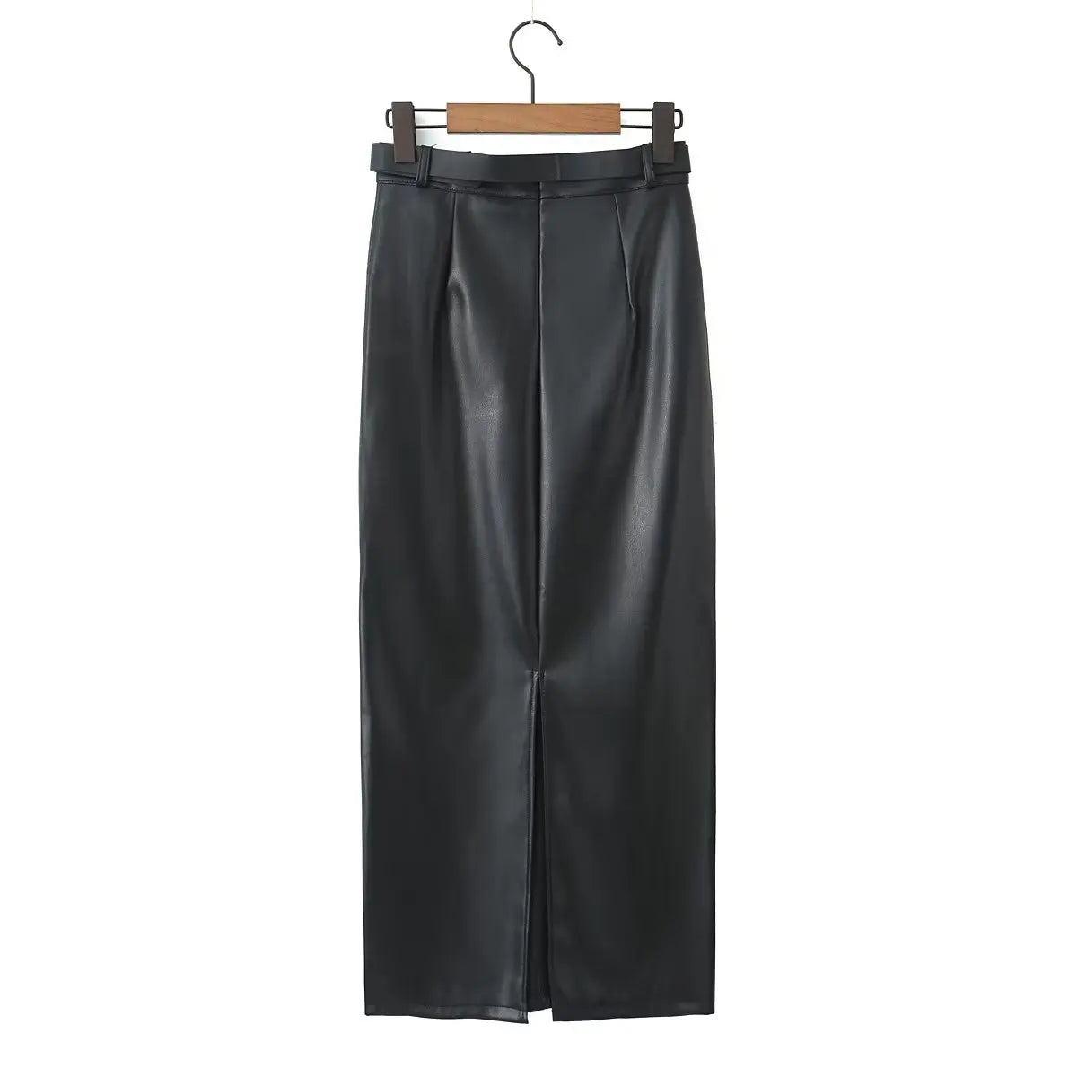 Sexy Black Back Slit PU Leather Pencil Skirt With Belt Women Package Hips Maxi Long Skirts