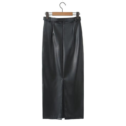 Sexy Black Back Slit PU Leather Pencil Skirt With Belt Women Package Hips Maxi Long Skirts