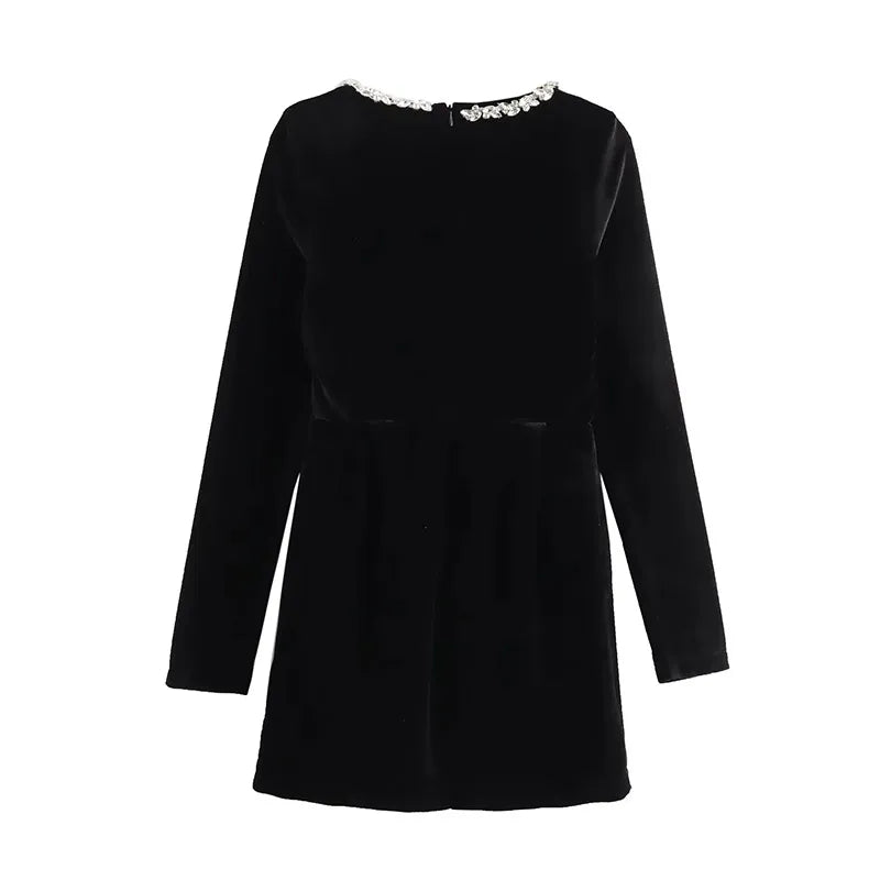 Rhinestone Trim Square Neck Velvet Long Sleeve Flared Mini Dress