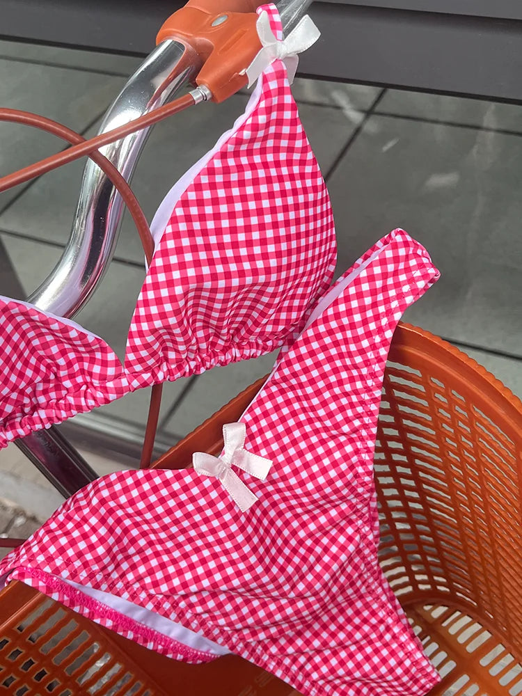 Plaid Print Bikinis Bow Swimwear Women Swimsuit Triangle Bikini Set Bandage Bath Suit Low Waist Thong Beachwear New Biquini