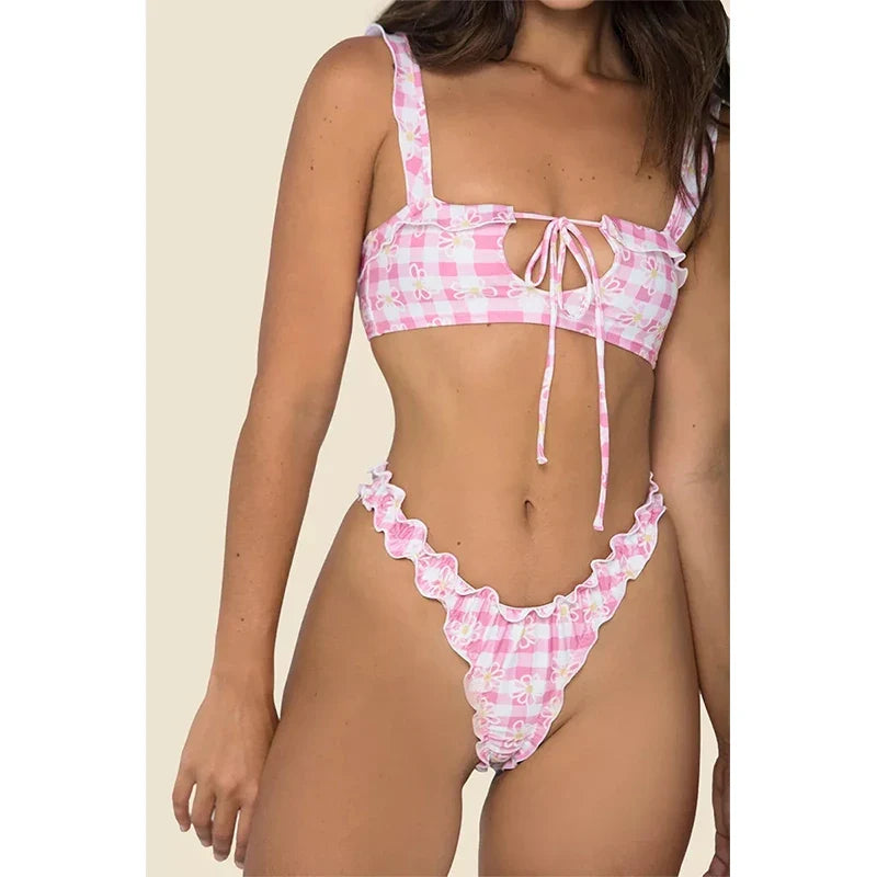 Sexy Hollow Out Push Up Swimwear Bikini Mujer New Ruffle Beachwear Summer Floral Print Bathing Suit Swimsuit Women Biqiuni