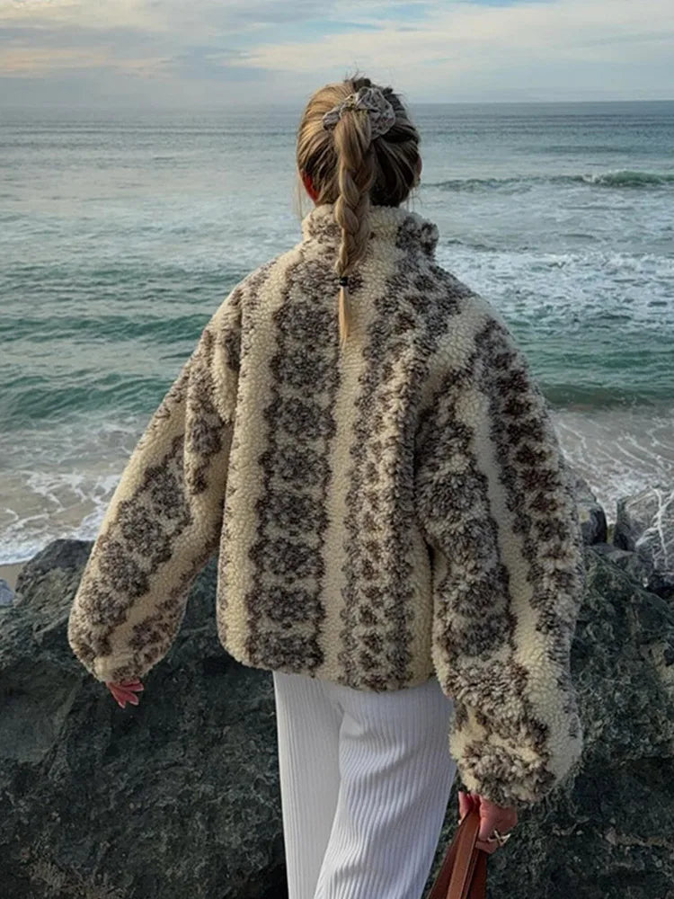 Vintage Plush Printed Jackets Women Casual Warm Zipper Stand Collar Short Coats Female New Spring Winter Chic Street Outwear