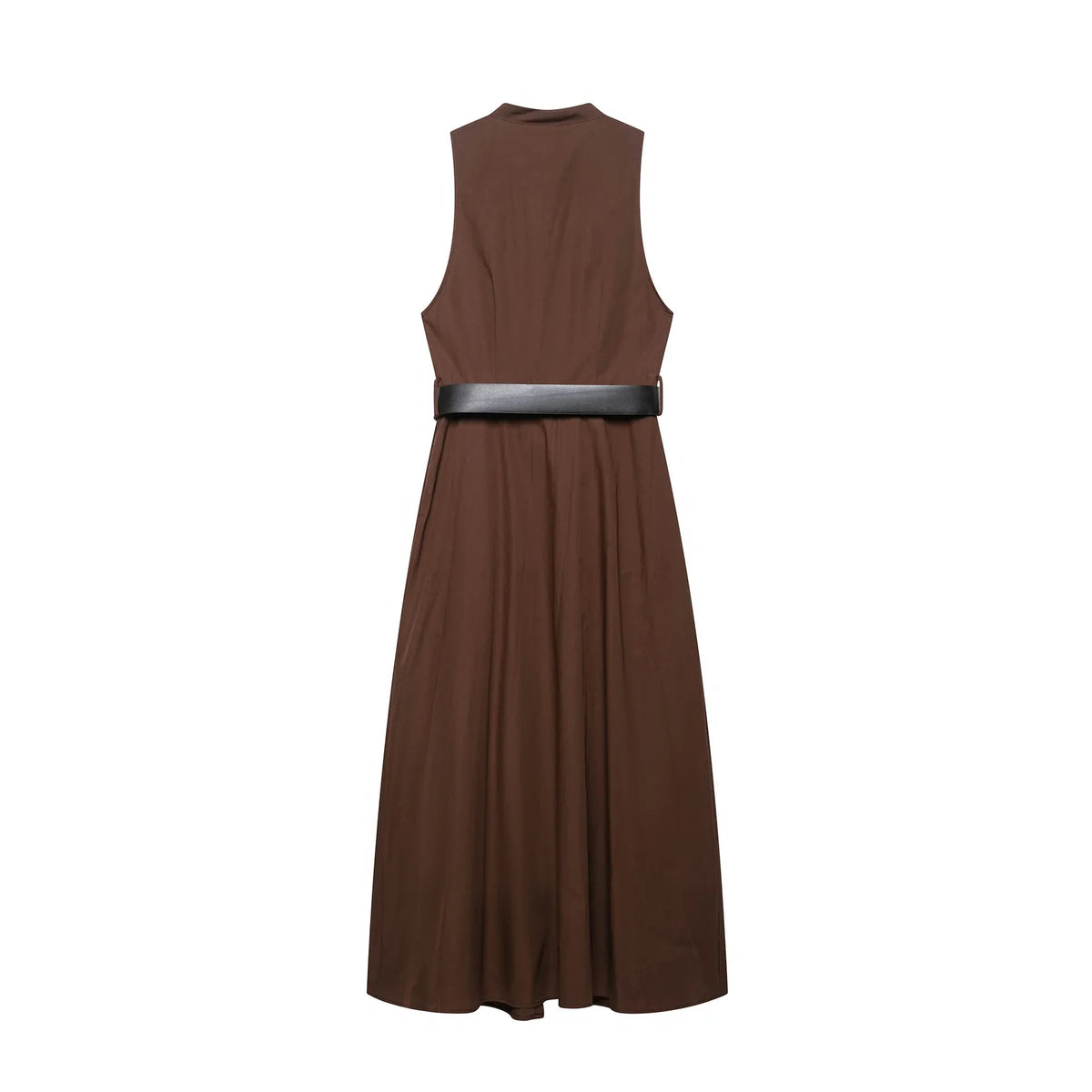 Fashion Brown Sleeveless Long Dress With Belt Round Neck Fashion Pleat Summer Dress Button Elegant Chic Femme Vestidos