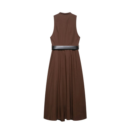 Fashion Brown Sleeveless Long Dress With Belt Round Neck Fashion Pleat Summer Dress Button Elegant Chic Femme Vestidos