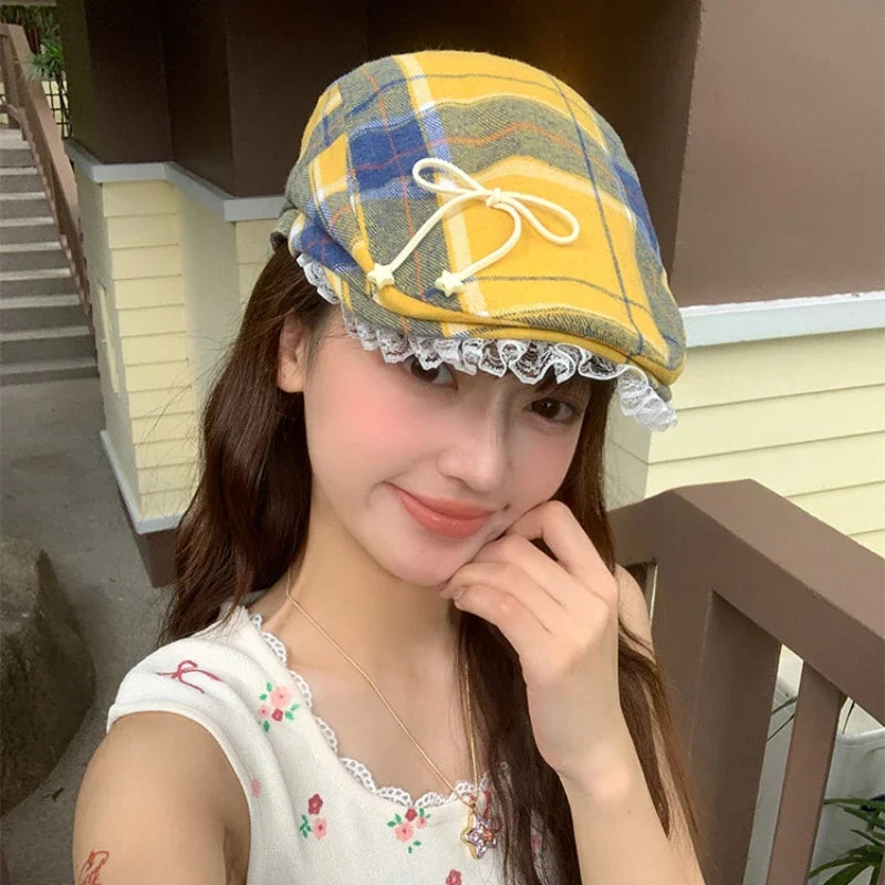 Y2K Cute Bow Lace Berets Cap for Women Spring Summer Sweet and Cool Versatile Dopamine Contrasting Color Plaid Forward Hats