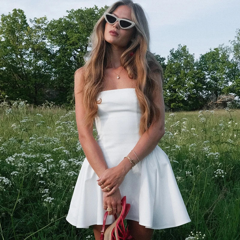 Slim Strapless Folds Mini Dress for Women Club Party Clothes Sexy Backless Patchwork Sleeveless High Waisted Dress Solid