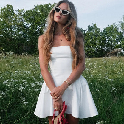 Slim Strapless Folds Mini Dress for Women Club Party Clothes Sexy Backless Patchwork Sleeveless High Waisted Dress Solid