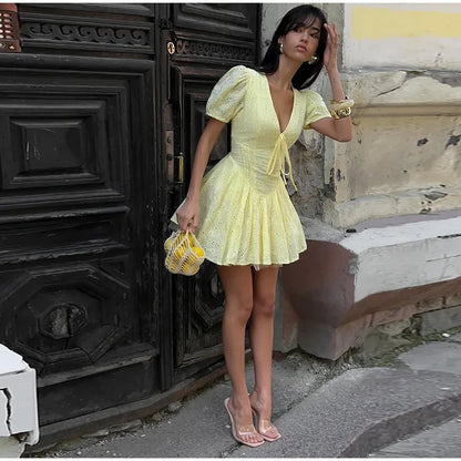 Elegant Embroidery Hollow Out Short Dress Slim V-neck Puff Sleeve Pleated A-line Dresses 2025 Summer Lady Yellow Party Robes