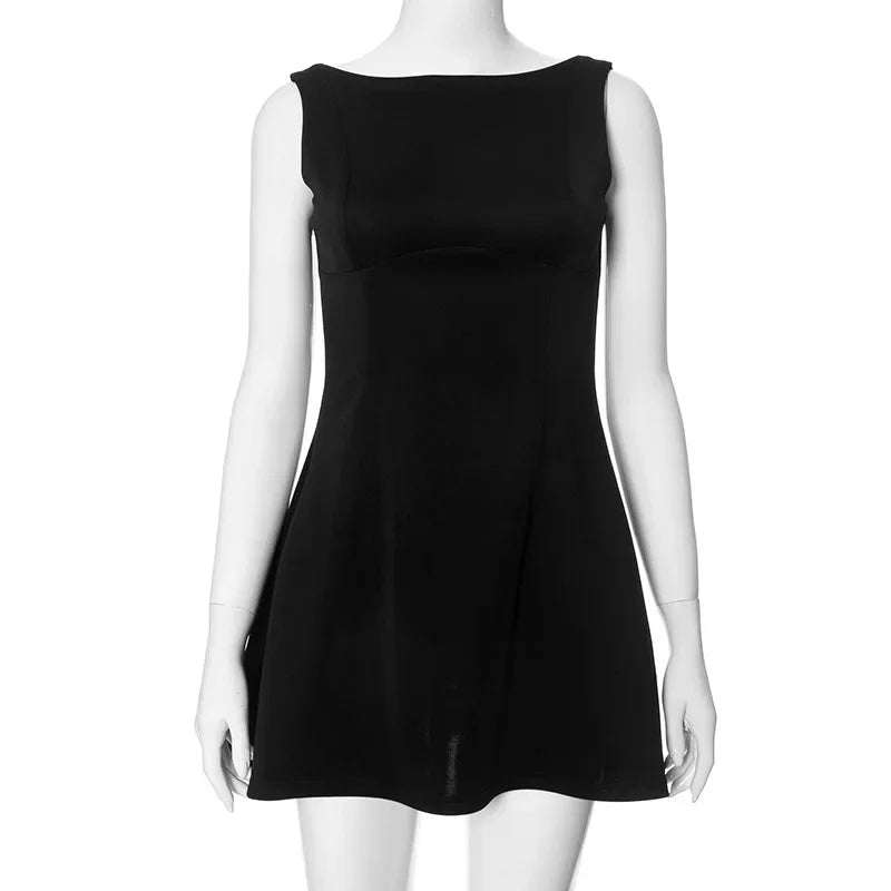 Boat Neck Sleeveless Fitted Waist Flared Skater Mini Dress