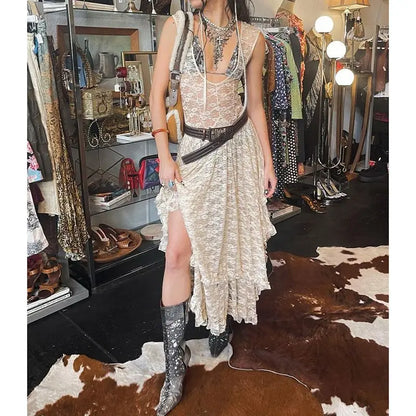 Y2k Grunge See-Through Lace Floral Sheer Tank Dress Women's Sleeveless V Neck Cover-up Long Dress Streetwear Party Dress