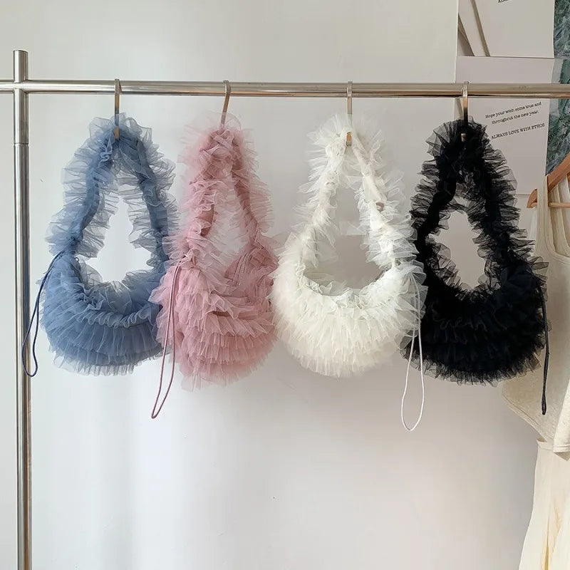 Luxury Design Ruffles Pleated Shoulder Underarm Bag Sweet Girls Y2k Fairy Chic Hobo Bags Mesh Women Solid Purses and Handbags