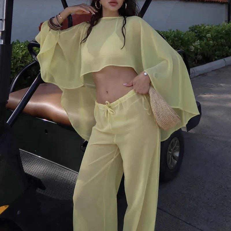 Elegant Solid Perspective Loose Suit Casual Chiffon Shirt Travel Vacation Outfit Fashion Irregular Cape Style Top+Pants 2pc Set