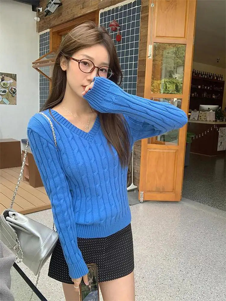 Autumn Winter New Blue Short Knitted Pullover Twists Sweater Korean Fashion Women's V Neck Long Sleeved Versatile Crochet Tops