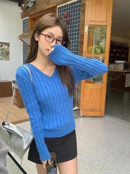 Autumn Winter New Blue Short Knitted Pullover Twists Sweater Korean Fashion Women's V Neck Long Sleeved Versatile Crochet Tops