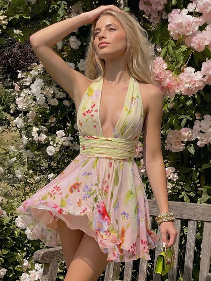 Sweet Chic Deep V-Neck Dress Women Sexy Colorful Floral Print Gradient Ruched Patchwork Fashion Vacation Party Bodycon
