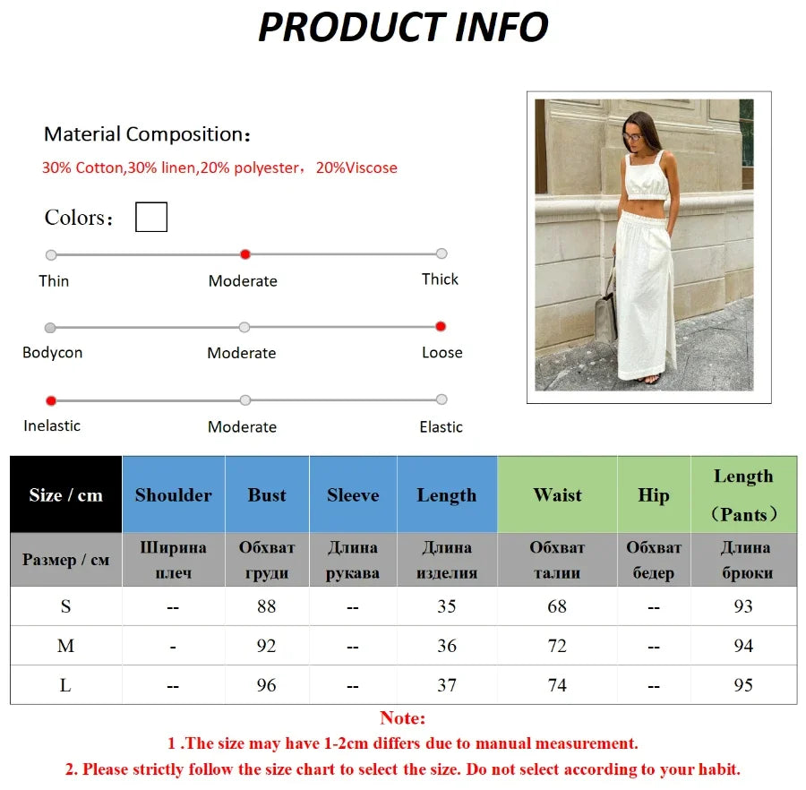 Wolfeel Summer Cotton Linen Women's Suspender Half Skirt Set Chic Short Vest Casual Set Female Split Long Skirt Matching Sets