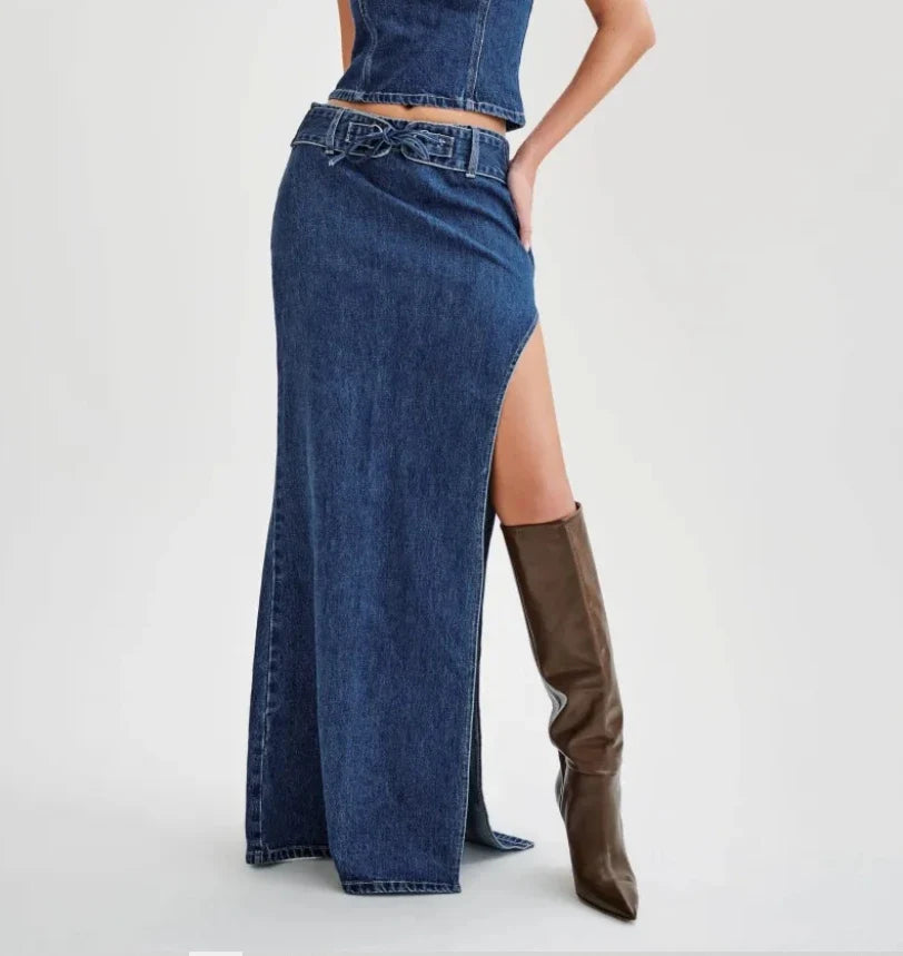 Classic Denim Shirt Slim Skirt Woman's Set Vintage One Shoulder Lace Up Tops A-lined High Waist Skirts Sets Female Chic Street