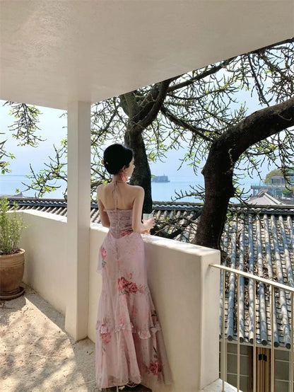 Woman Dress Sexy Elegant Sleeveless Floral Printed Spring Fashion Irregular Ruffles Holiday Hollow Out Backless Dresses