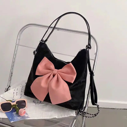 Pink Bow Womens Shoulder Bag Korean Style Fashion Large Capacity Sweet Backpack Cute Exquisite Elegant New Female Tote Bag