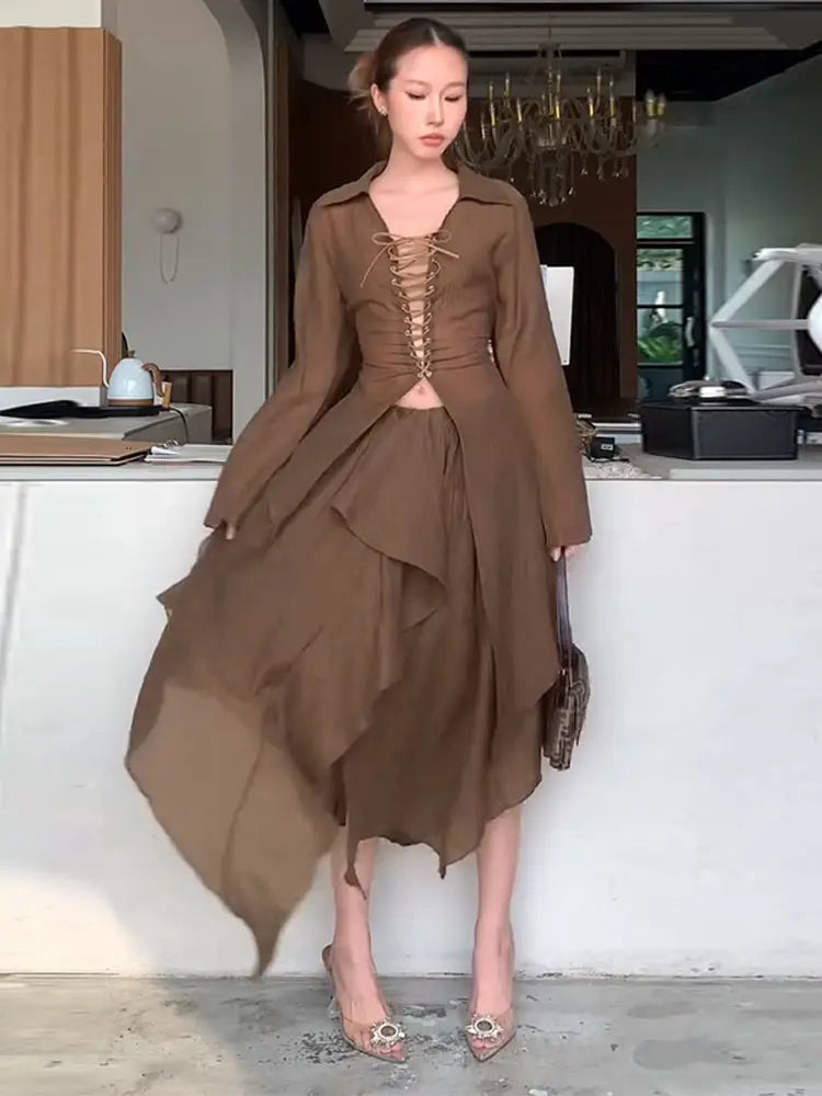 Lace Up V-Neck Shirt Ruffle Skirt Women Set Strings Lapel Sexy Waist Cinched Slimming Blouse Top Irregular Long Skirts Suit New