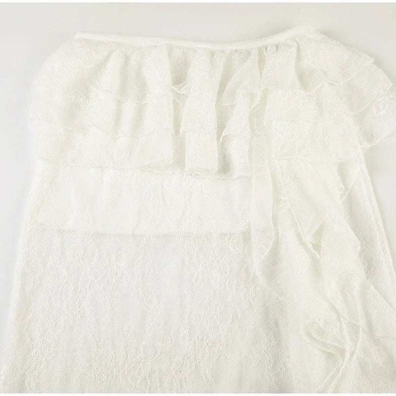 Sexy Ruffle Top Lace Skirt Set Women Loose Lace Up Flare Sleeve Tops See Through Long Skirts 2025 Summer Lady Party Solid Suits