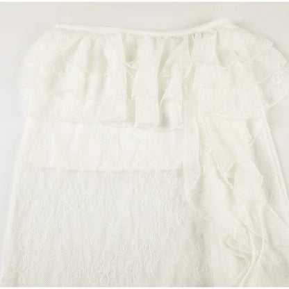 Sexy Ruffle Top Lace Skirt Set Women Loose Lace Up Flare Sleeve Tops See Through Long Skirts 2025 Summer Lady Party Solid Suits