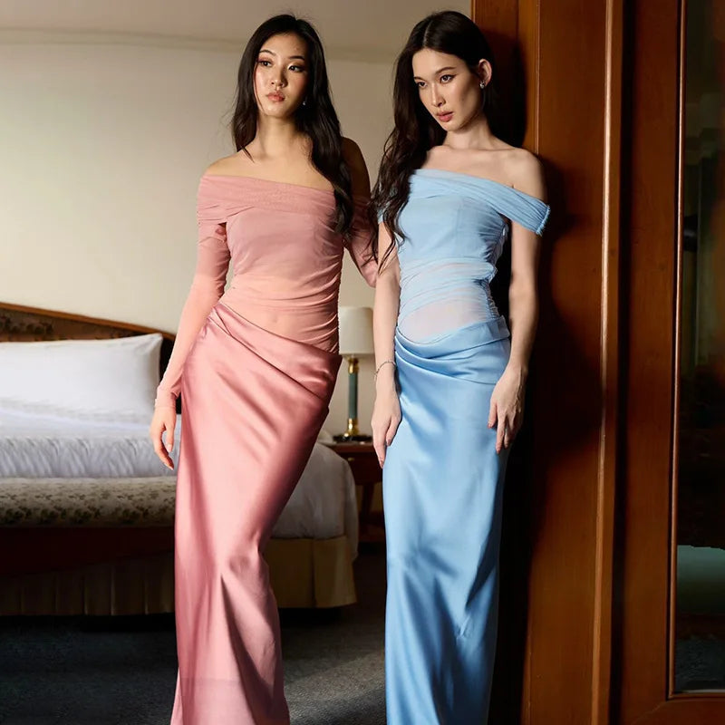 Off-Shoulder Mesh Ruched Bodice Satin Wrap Slit Maxi Dress
