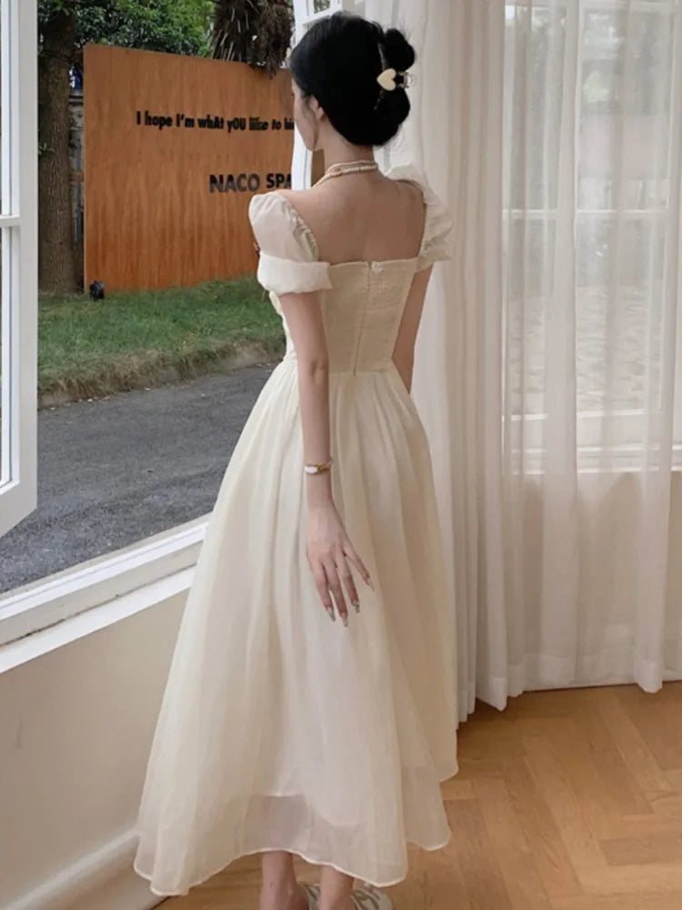 Summer Women Halter Midi Dress Elegant Female Chiffon Square Neck Party One Pieces Dresses French Solid New Vestidos Robe