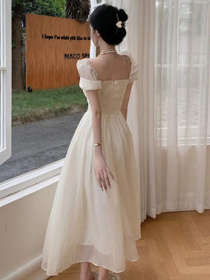 Summer Women Halter Midi Dress Elegant Female Chiffon Square Neck Party One Pieces Dresses French Solid New Vestidos Robe