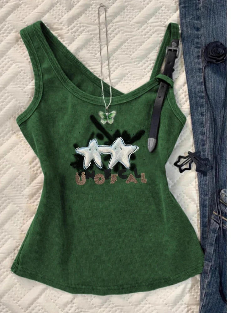 Summer Gothic New Vest Women Hepburn Chic O-neck Sleeveless Sexy Sling Tops Female Vintage Y2k Solid Thin Print Hot Chick Top