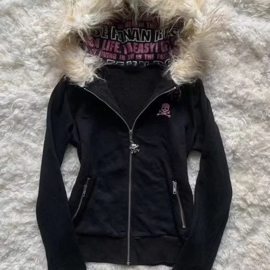 Autumn and Winter Classic Harajuku Style Fashion Retro Hoodie Winter Thick Fur Leather Collar Women's Popular Jacket Top