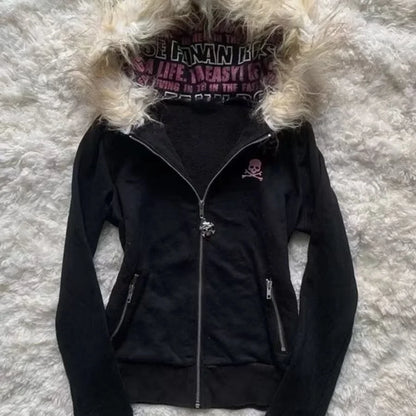 Autumn and Winter Classic Harajuku Style Fashion Retro Hoodie Winter Thick Fur Leather Collar Women's Popular Jacket Top