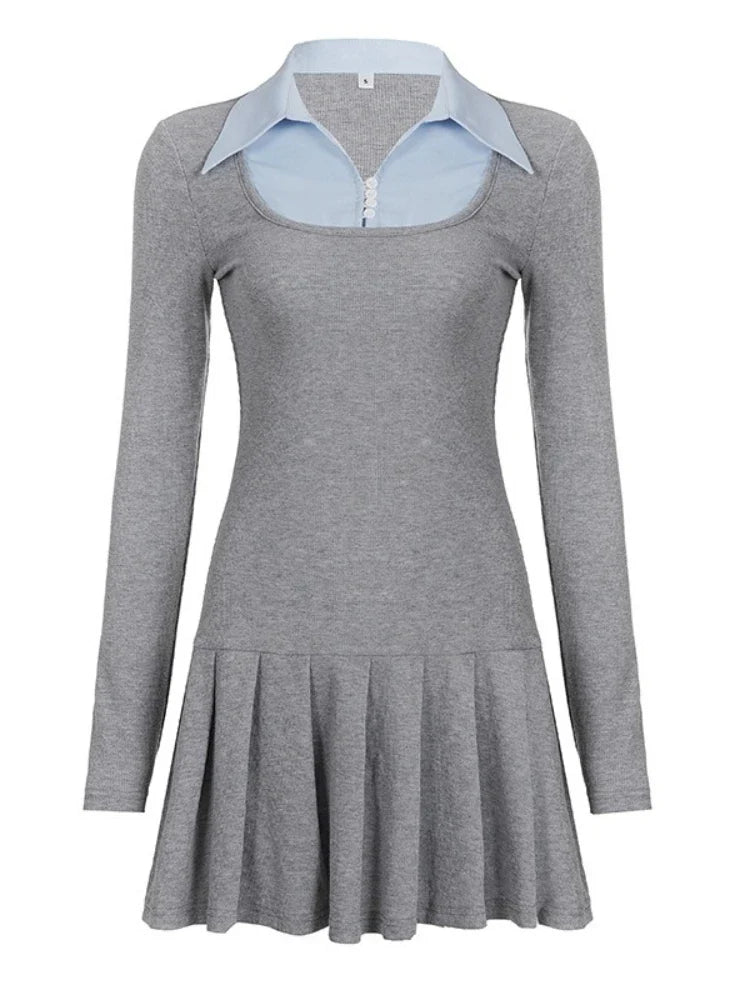 Korean Preppy Style Grey Dress Women's Patchwork Lapel Collar Button Long Sleeve Slim Fake Two-Piece Pleated Mini Dress