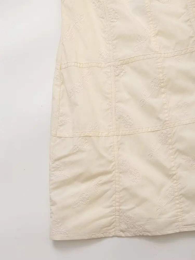 Solid Beige Plaid Embroidery Short Dress Sleeveless Sqaure Collar Casual Bow Women Dress Sweet Chic Summer Vestidos