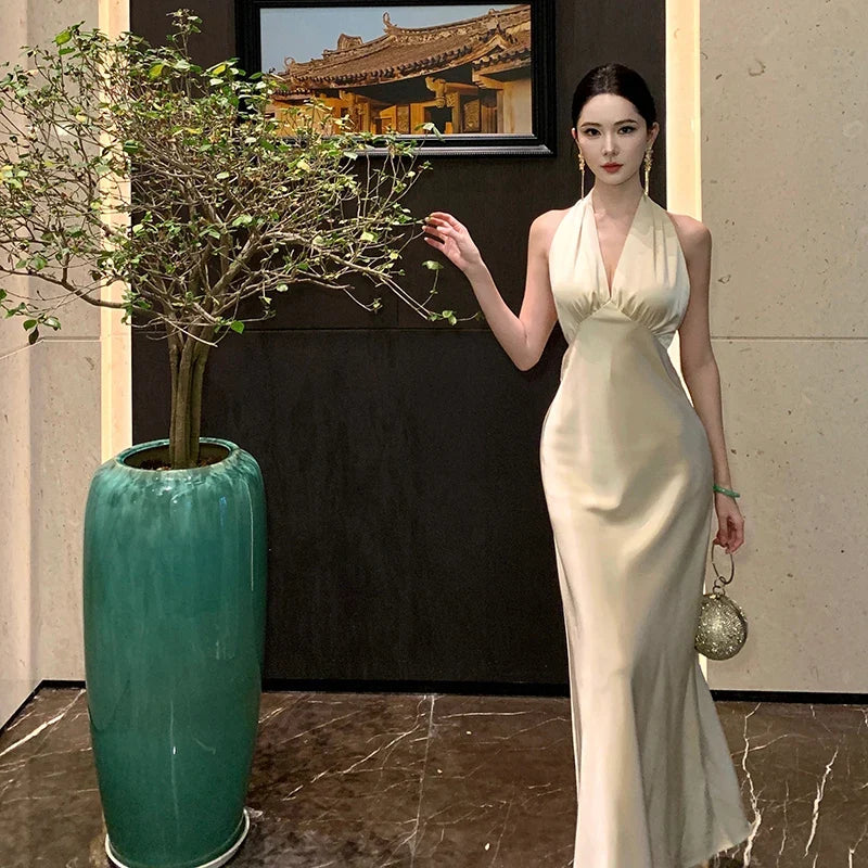 Acetate Satin Off-Shoulder Backless Long Dress Sexy Slim-Fit Gown for Birthday Party Lightweight Evening Dress