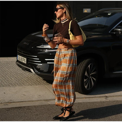 Retro Plaid Loose Jogger Pant Women Chic Casual Drawstring Long Pants Female 2025 Autumn Versatile Fashion Street Trousers