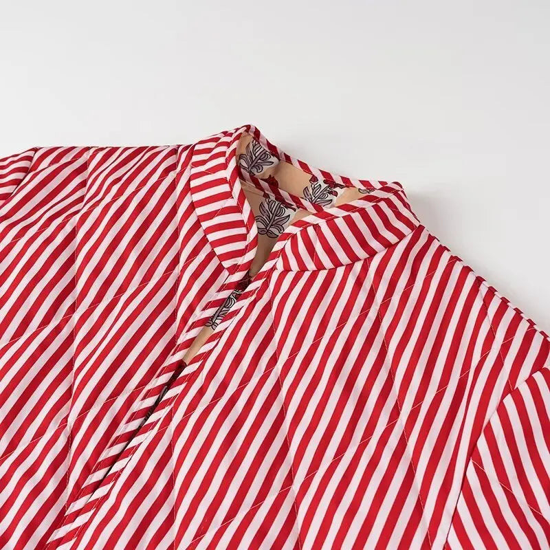 Autumn Winter Totem Flower Striped Print Tie Bow Sashes Quilted Reversible Coat Women Quilting Full Sleeve Loose Jacket