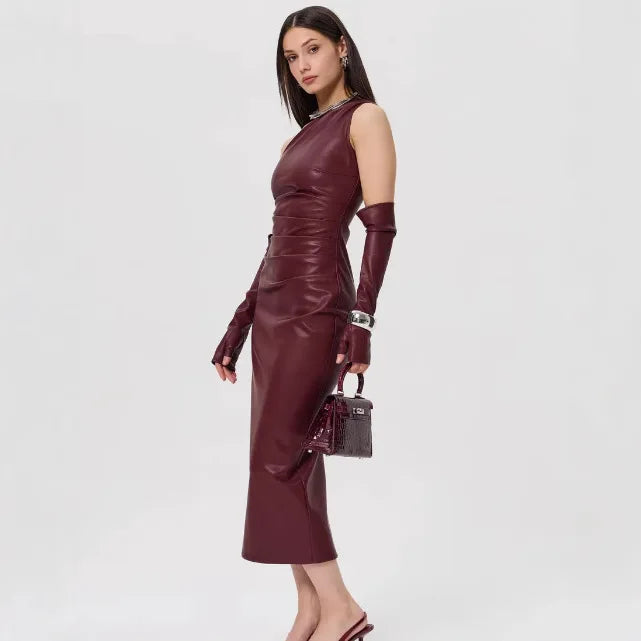 Faux Leather One Shoulder Ruched Bodycon Midi Dress