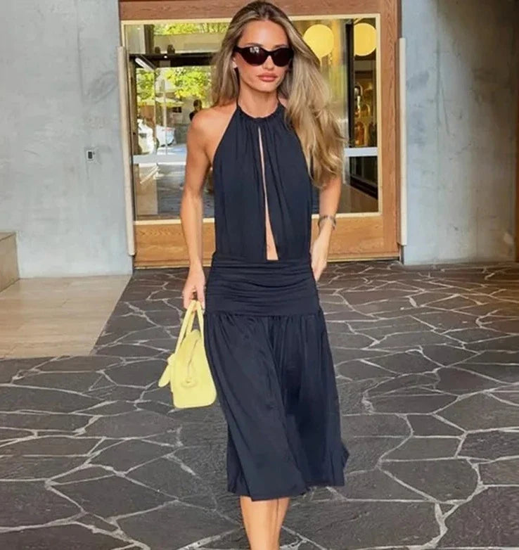 Elegant Women Streetwear Vacation Dresses Sexy Deep V-Neck Halter Dress Black Ruched Backless Lace Up Split Long Dress