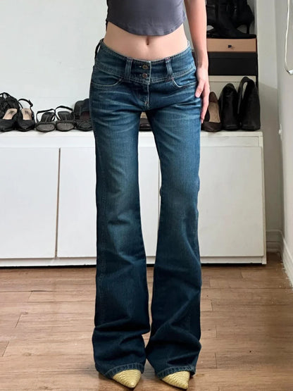 Vintage Button-up Denim Pants Street Style Low Rise Baggy Straight Jeans for Women y2k Aesthetic Loose Denim Trouser 90s