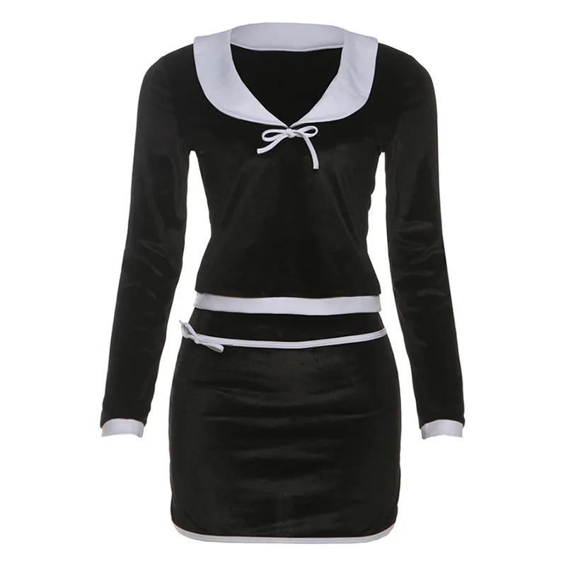 Bow Color Patchwork Velvet 2 Piece Set Women Elegant Sexy Peter Pan Collar Long Sleeve Tops + Bodycon Mini Skirts Casual Suits